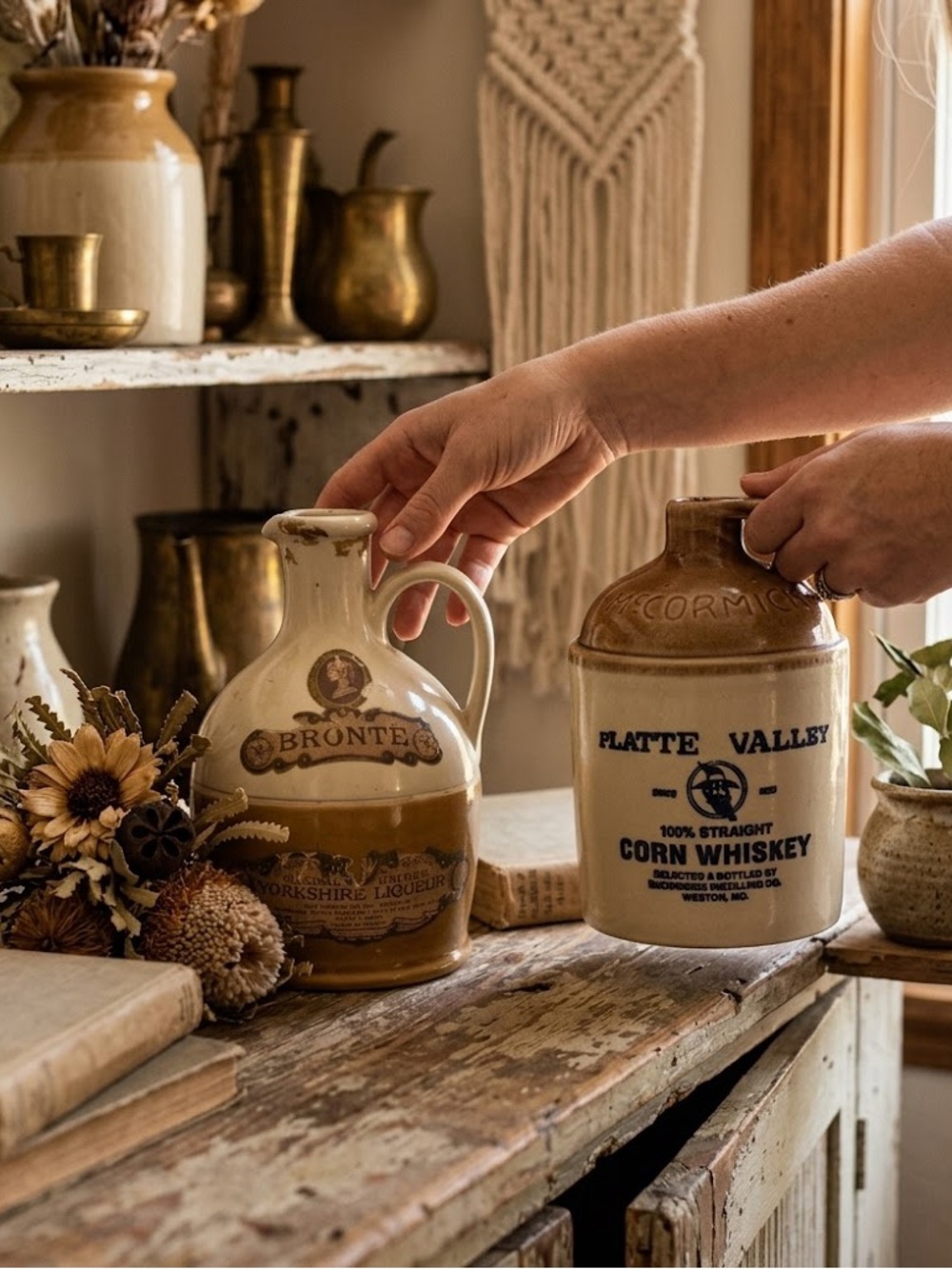 Vintage Stoneware Whiskey Jug Lot Bronte & McCormick Platte Valley Boho (2)
